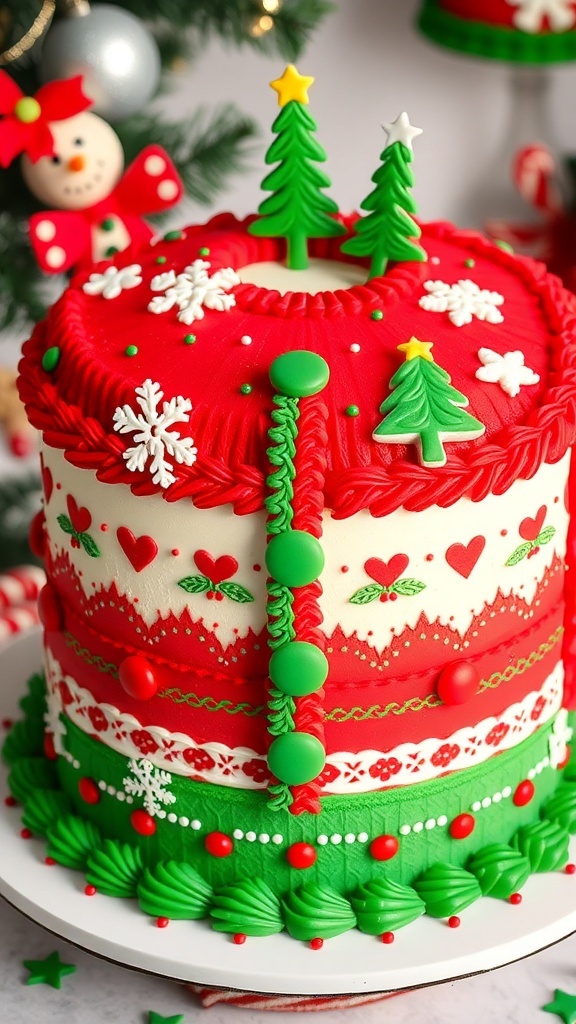 A colorful ugly sweater Christmas cake with buttercream frosting and festive decorations, set against a holiday backdrop.